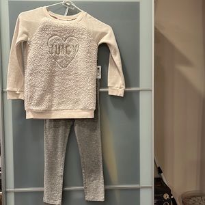 Juicy Couture Girls 6x 2 Piece Cream Shearling Sweater & Gray Pants/Leggings Set